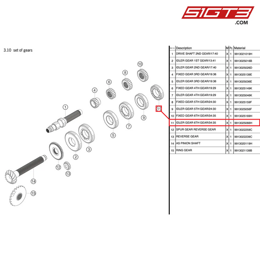 IDLER GEAR 6TH GEAR/34:35 - 9913025066H [PORSCHE 991.2 GT3 Cup]