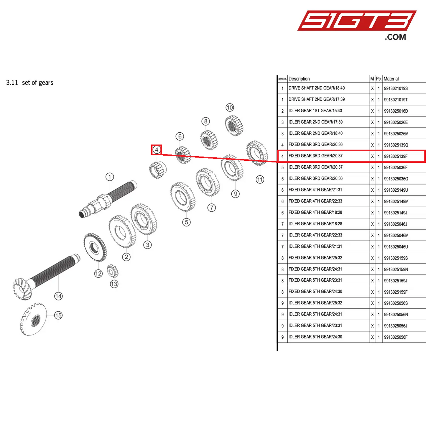 FIXED GEAR 3RD GEAR/20:37 - 9913025139F [PORSCHE 911 GT3 R Type 991 (GEN 2)]