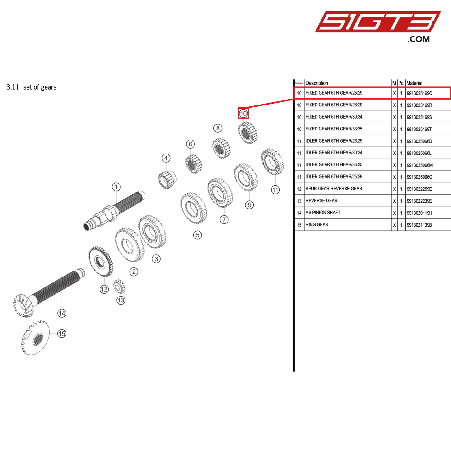 FIXED GEAR 6TH GEAR/25:29 - 9913025169C [PORSCHE 911 GT3 R Type 991 (GEN 2)]