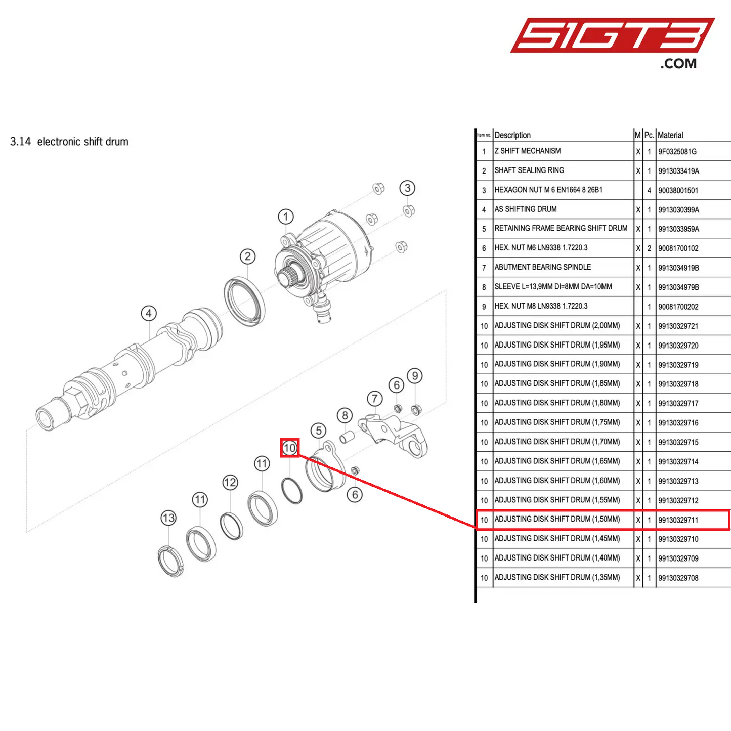 ADJUSTING DISK SHIFT DRUM (1,50MM) - 99130329711 [PORSCHE 911 GT3 R Type 991 (GEN 2)]