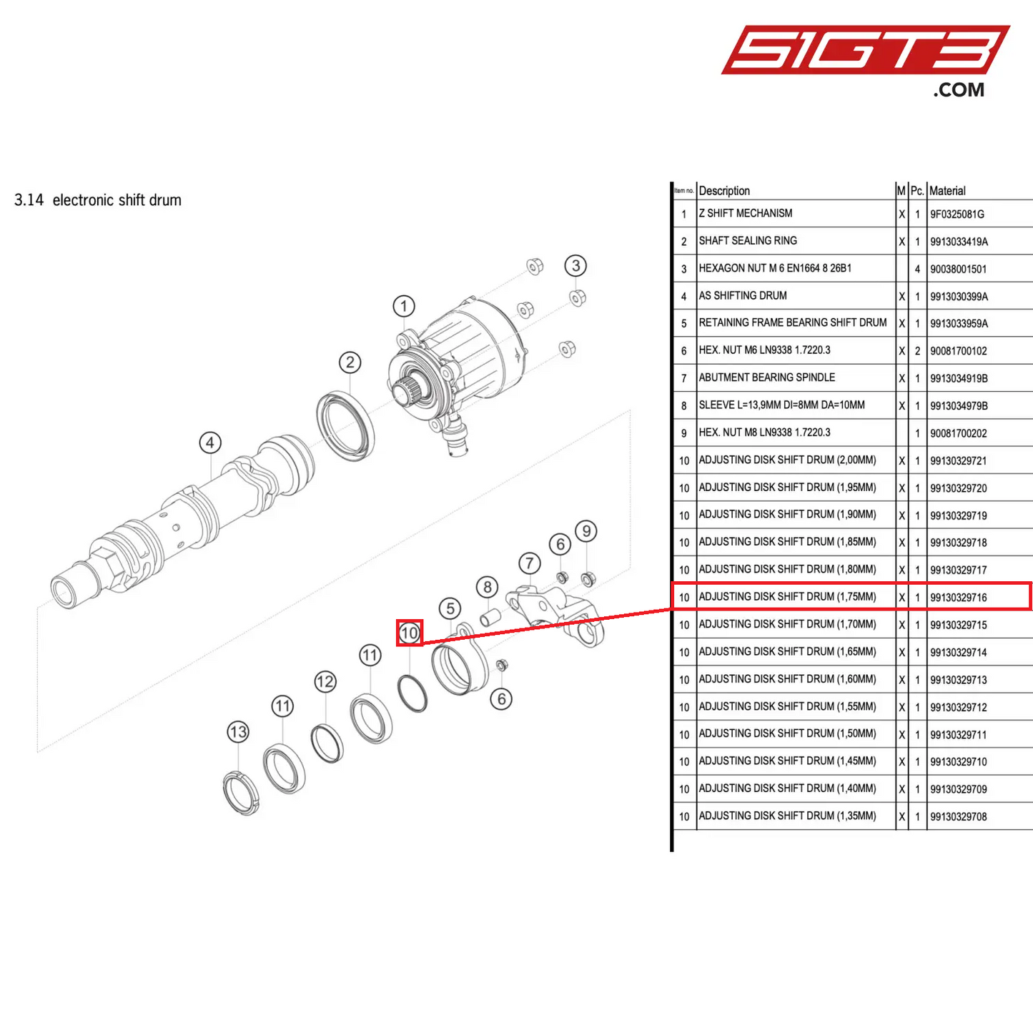 ADJUSTING DISK SHIFT DRUM (1,75MM) - 99130329716 [PORSCHE 911 GT3 R Type 991 (GEN 2)]