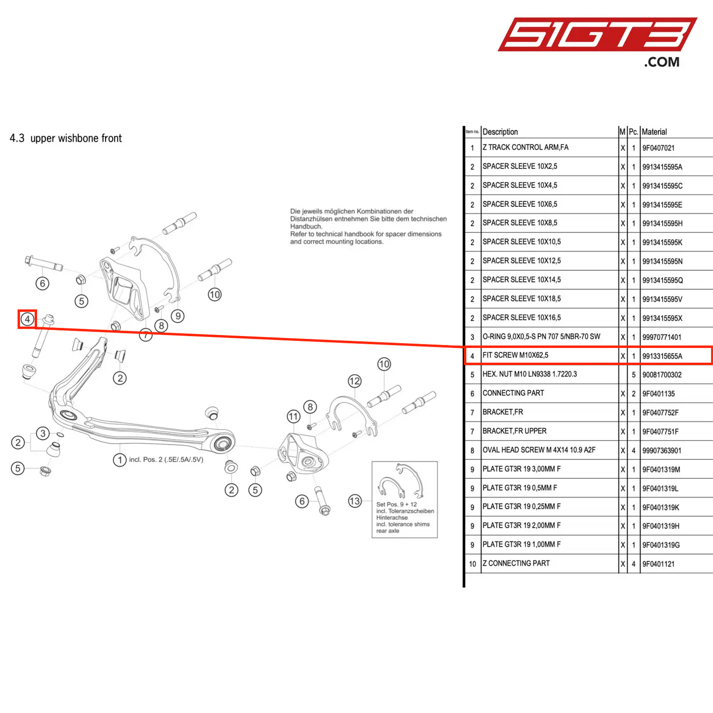 FIT SCREW M10X62,5 - 9913315655A [PORSCHE 911 GT3 R Type 991 (GEN 2)]