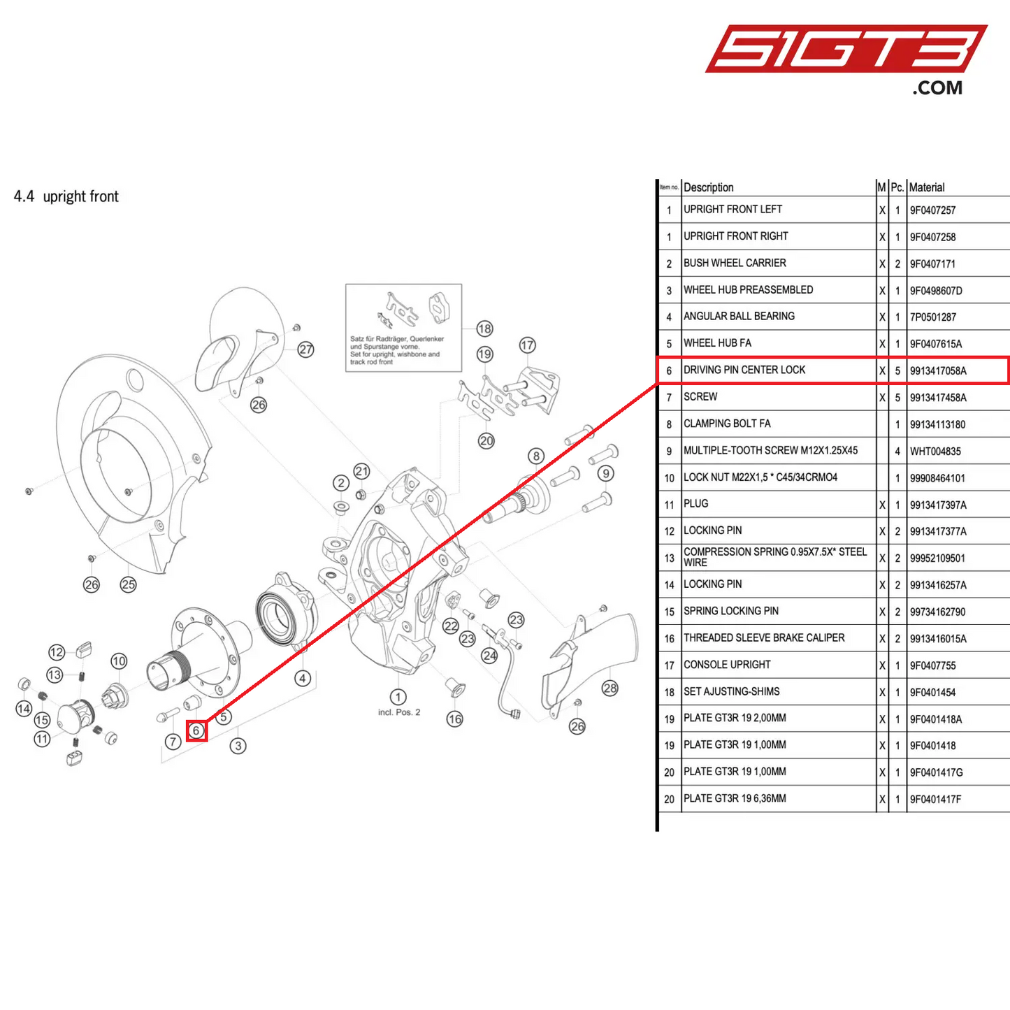 DRIVING PIN CENTER LOCK - 9913417058A [PORSCHE 911 GT3 R Type 991 (GEN 2)]