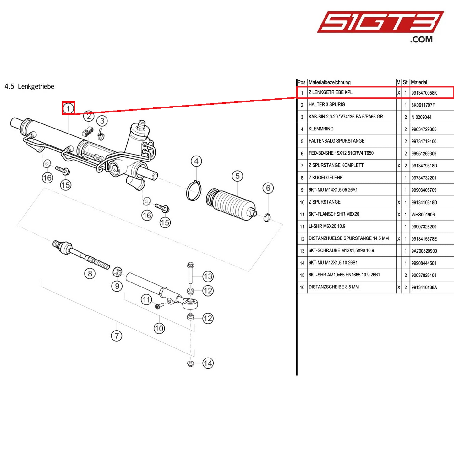 AS STEERING GEAR CPL. - 9913470058K [PORSCHE 991.1 GT3 Cup]