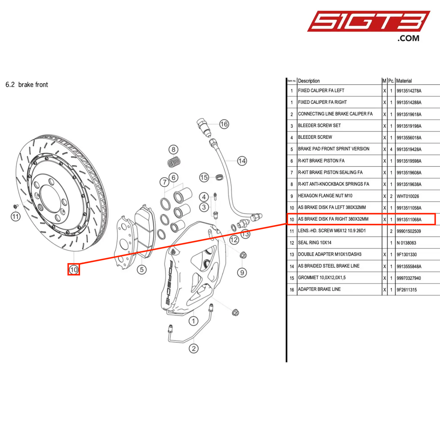 AS BRAKE DISK FA RIGHT 380X32MM - 9913511068A [PORSCHE 991.1 GT3 Cup]