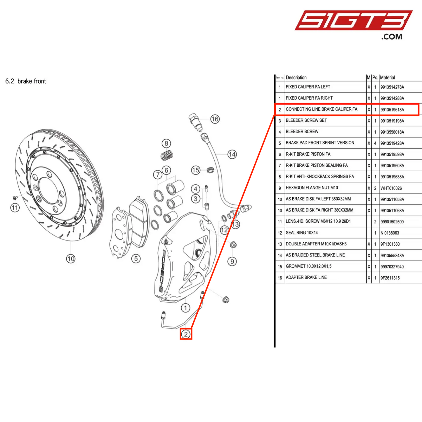 CONNECTING LINE BRAKE CALIPER FA - 9913519618A [PORSCHE 991.1 GT3 Cup]