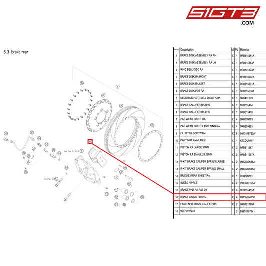 BRAKE LINING RS19-5 - 9913529425D [PORSCHE 992.1 GT3 R]