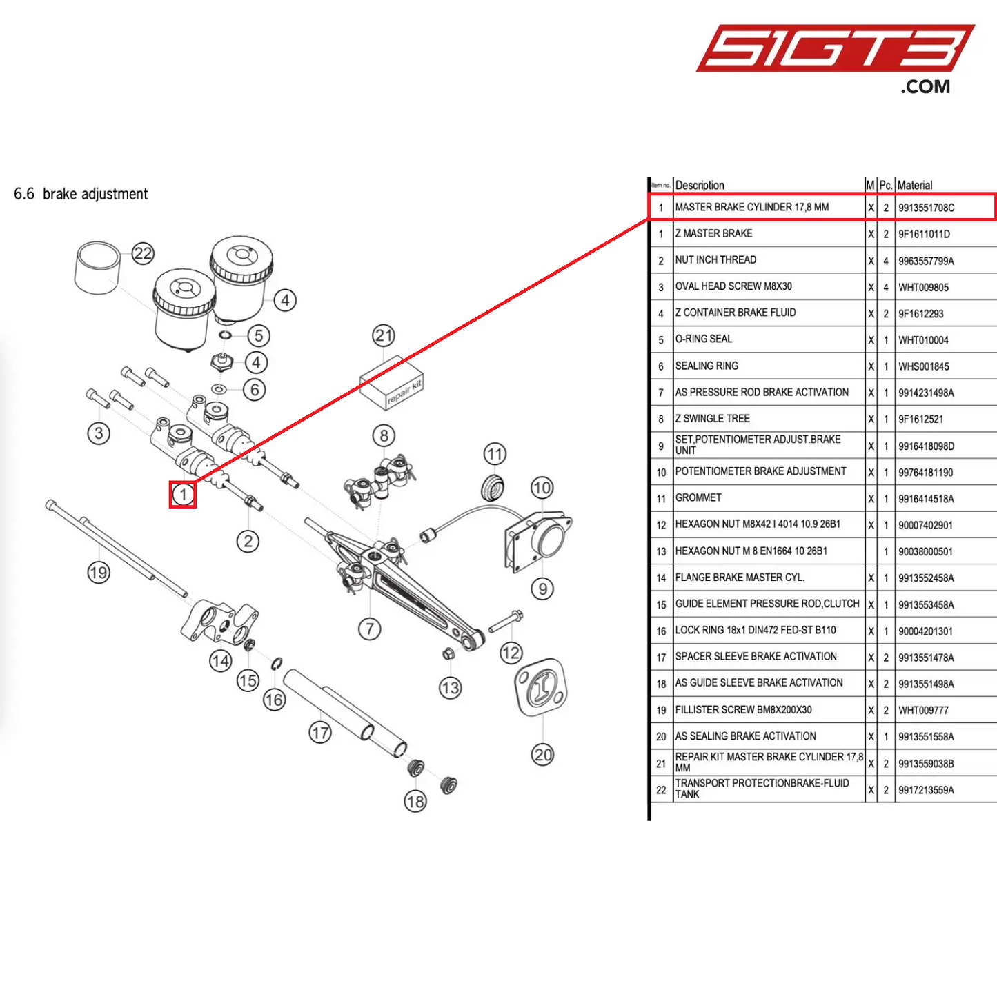 MASTER BRAKE CYLINDER 17,8 MM - 9913551708C [PORSCHE 991.1 GT3 Cup]