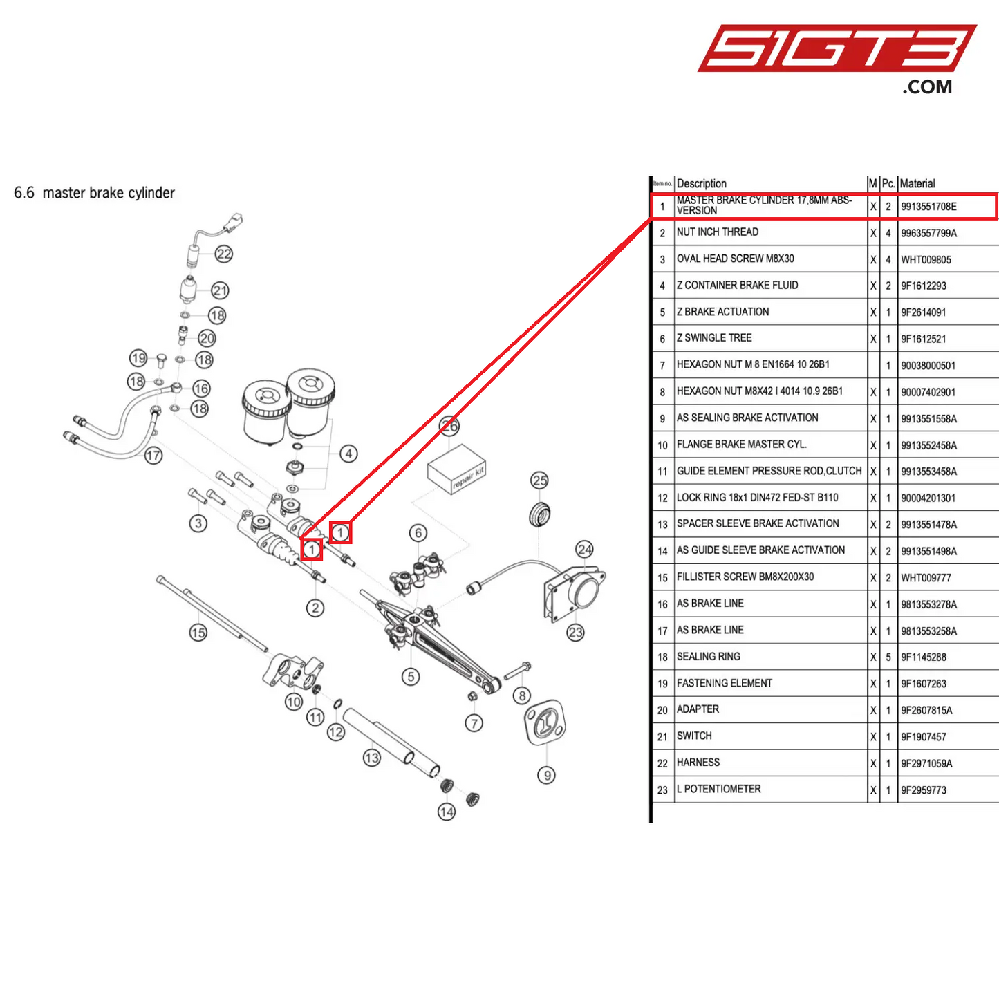 MASTER BRAKE CYLINDER 17,8MM ABS-VERSION - 9913551708E [PORSCHE 718 Cayman GT4 RS Clubsport]