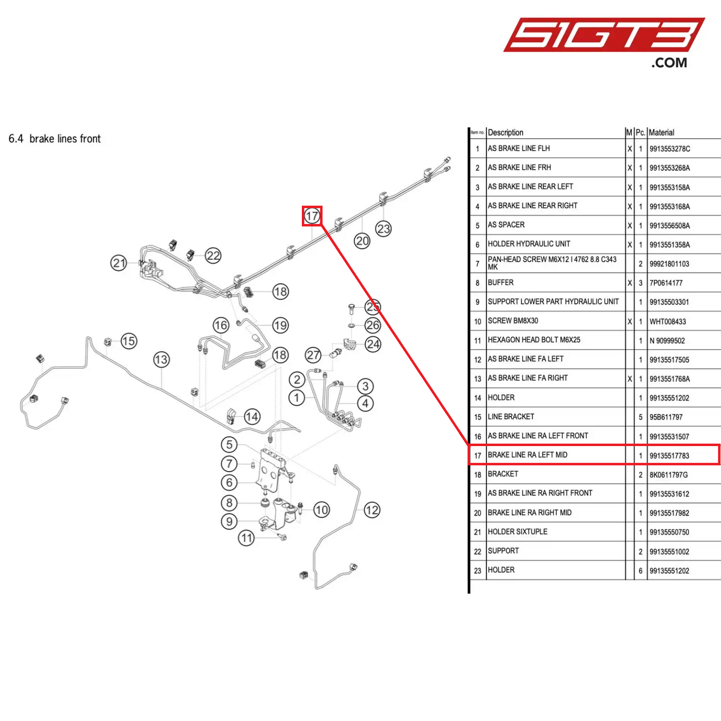 BRAKE LINE RA LEFT MID - 99135517783 [PORSCHE 991.1 GT3 Cup]