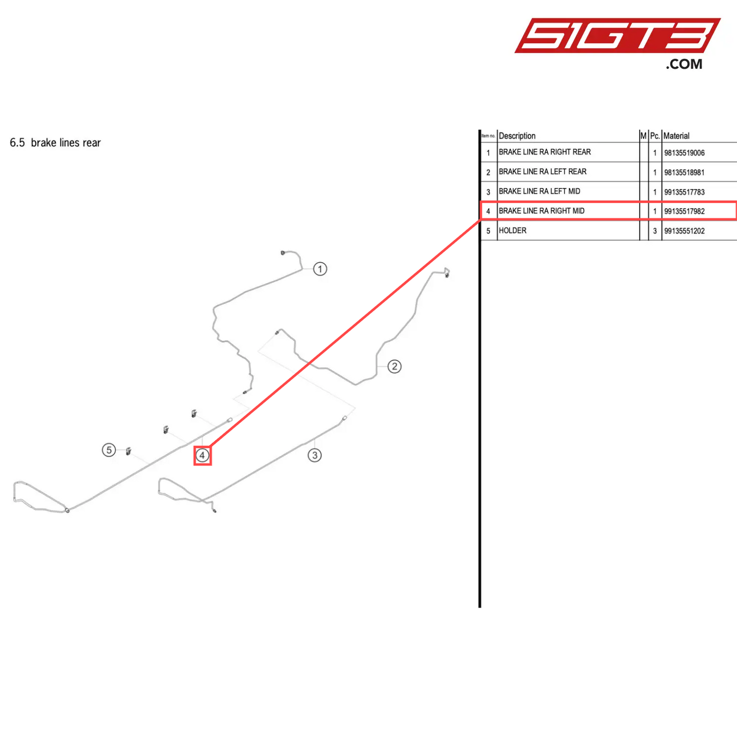 BRAKE LINE RA RIGHT MID - 99135517982 [PORSCHE 718 Cayman GT4 RS Clubsport]