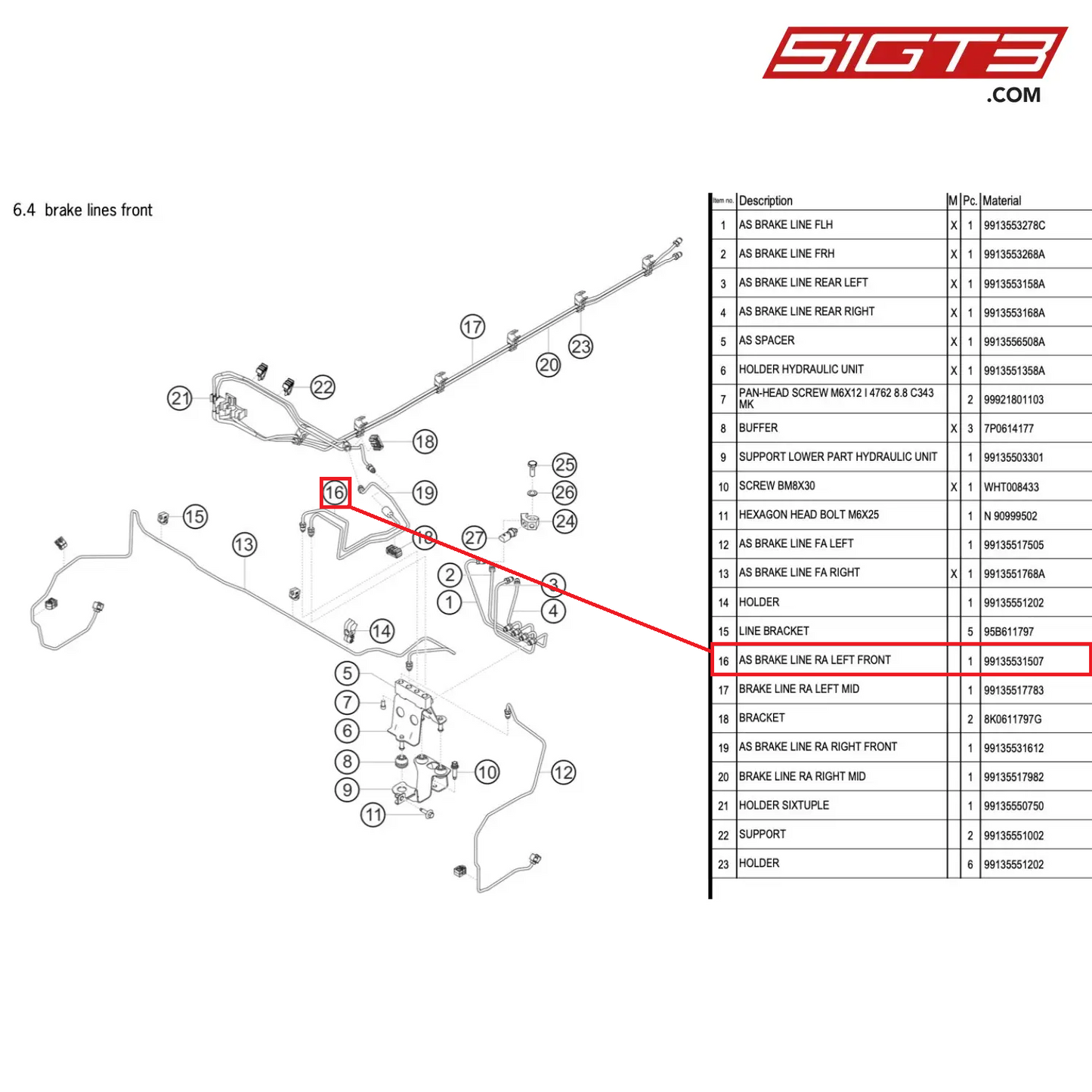 AS BRAKE LINE RA LEFT FRONT - 99135531507 [PORSCHE 991.1 GT3 Cup]