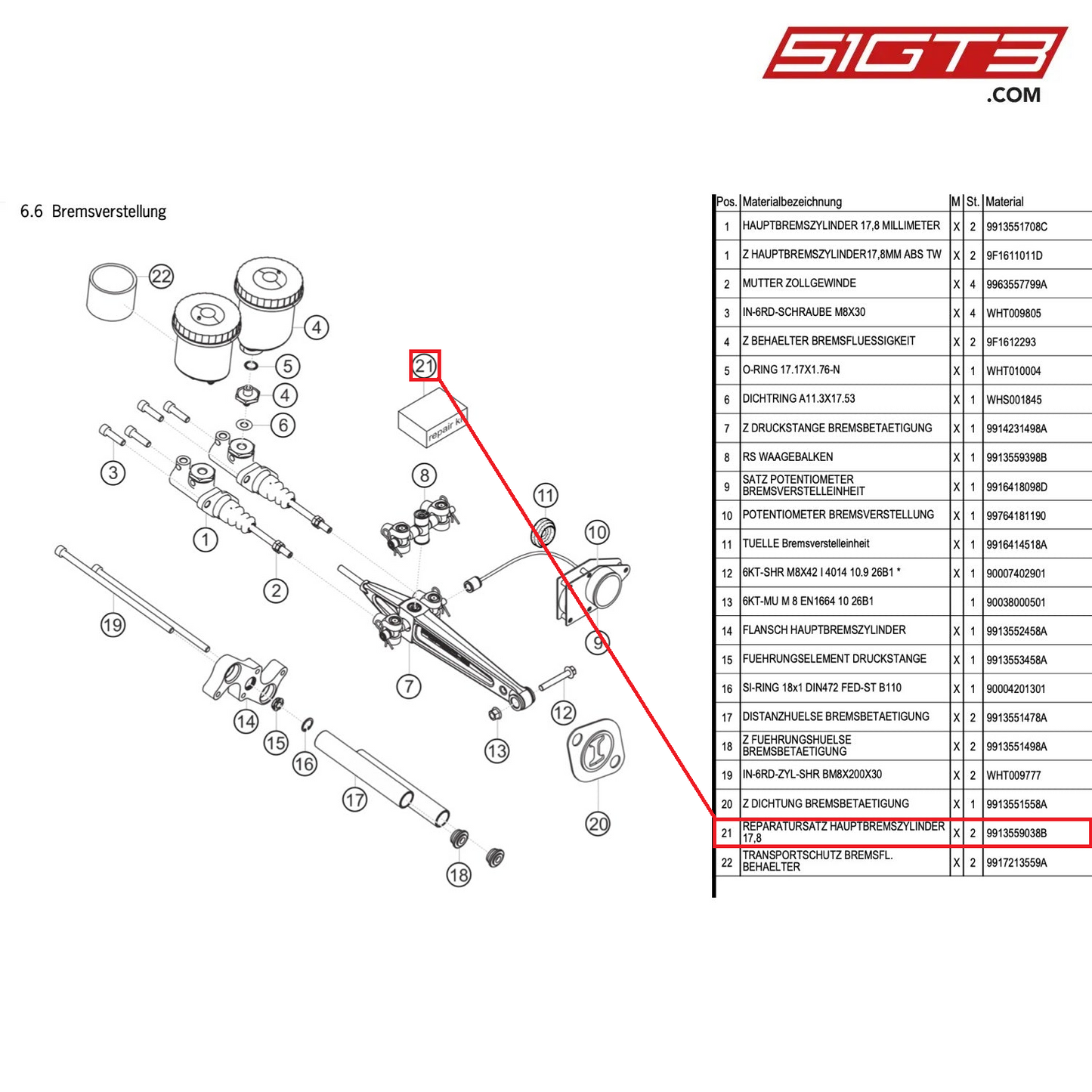 REPAIR KIT MASTER BRAKE CYLINDER 17,8 MM - 9913559038B [PORSCHE 991.1 GT3 Cup]