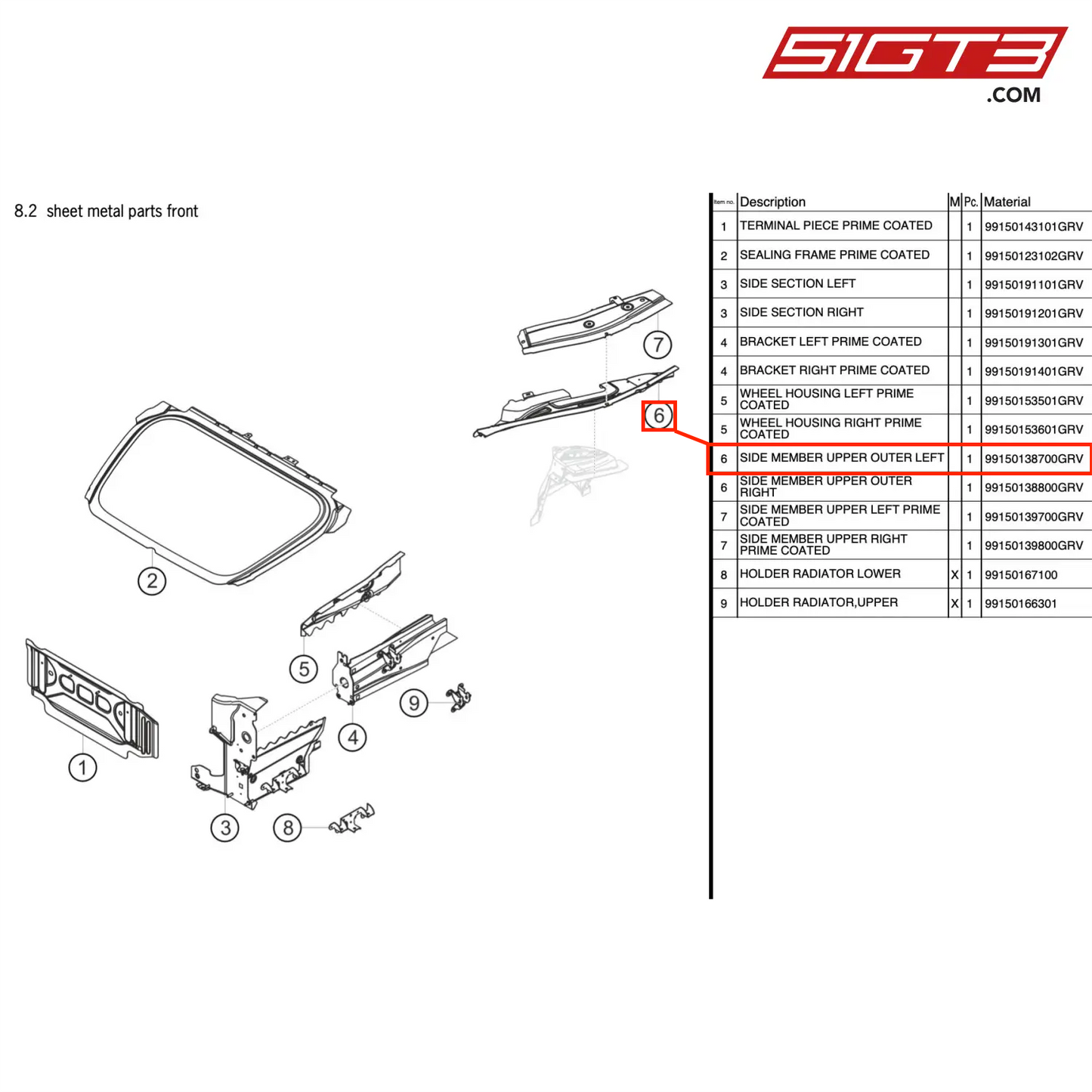 SIDE MEMBER UPPER OUTER LEFT - 99150138700GRV [PORSCHE 991.2 GT3 Cup]