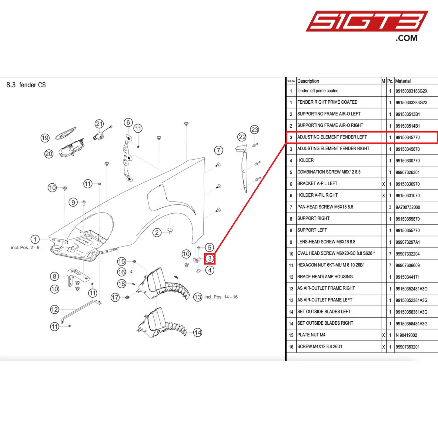 ADJUSTING ELEMENT FENDER LEFT - 99150345770 [PORSCHE 911 GT2 RS Clubsport]