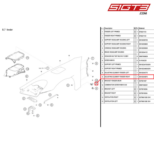 ADJUSTING ELEMENT FENDER RIGHT - 99150345870 [PORSCHE 718 Cayman GT4 RS Clubsport]