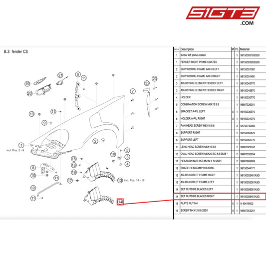 SET OUTSIDE BLADES RIGHT - 99150358481A3G [PORSCHE 911 GT2 RS Clubsport]