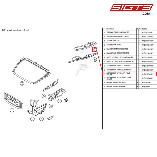 SIDE MEMBER UPPER LEFT PRIME COATED - 99150139700GRV [PORSCHE 991.1 GT3 Cup]