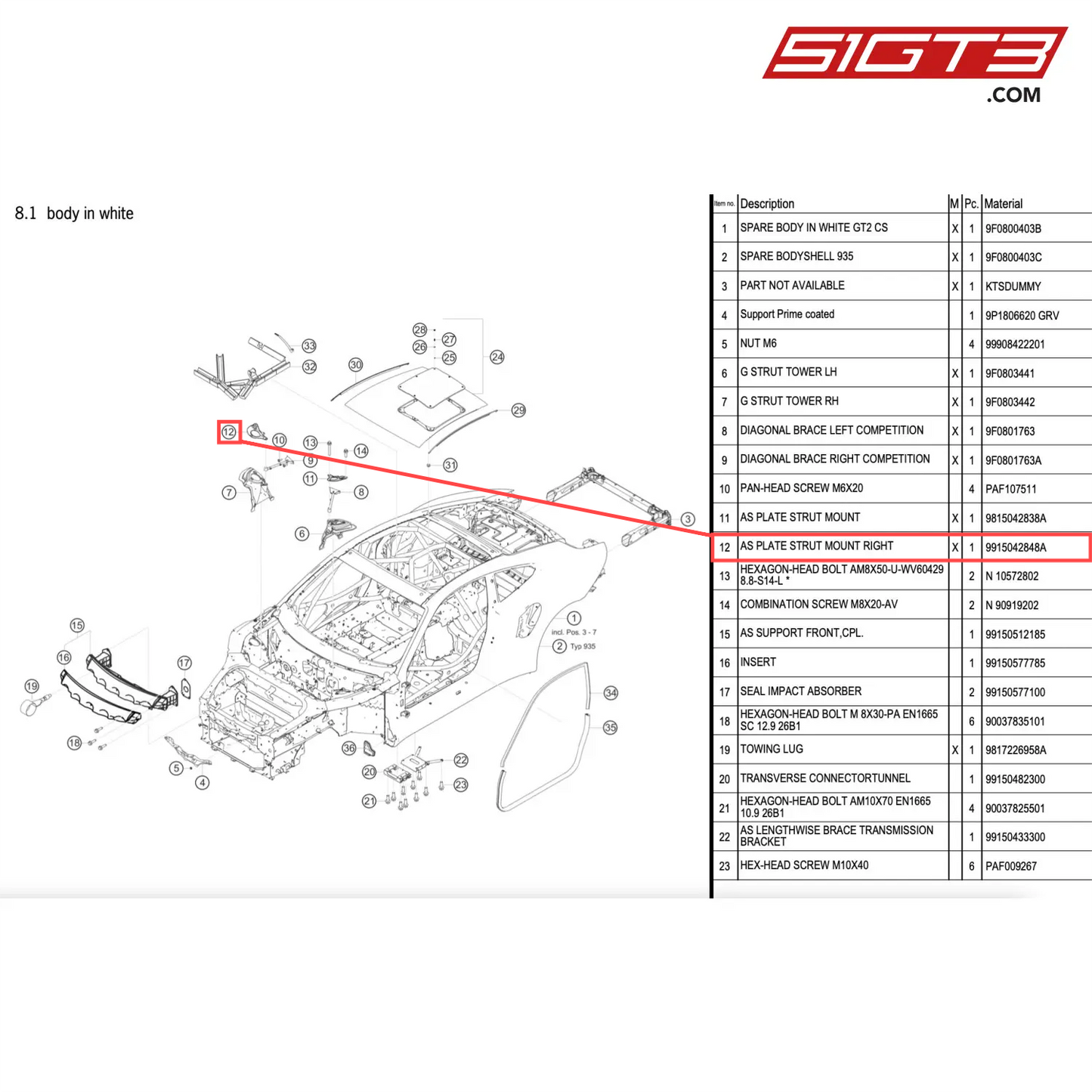 AS PLATE STRUT MOUNT RIGHT - 9915042848A [PORSCHE 911 GT2 RS Clubsport]