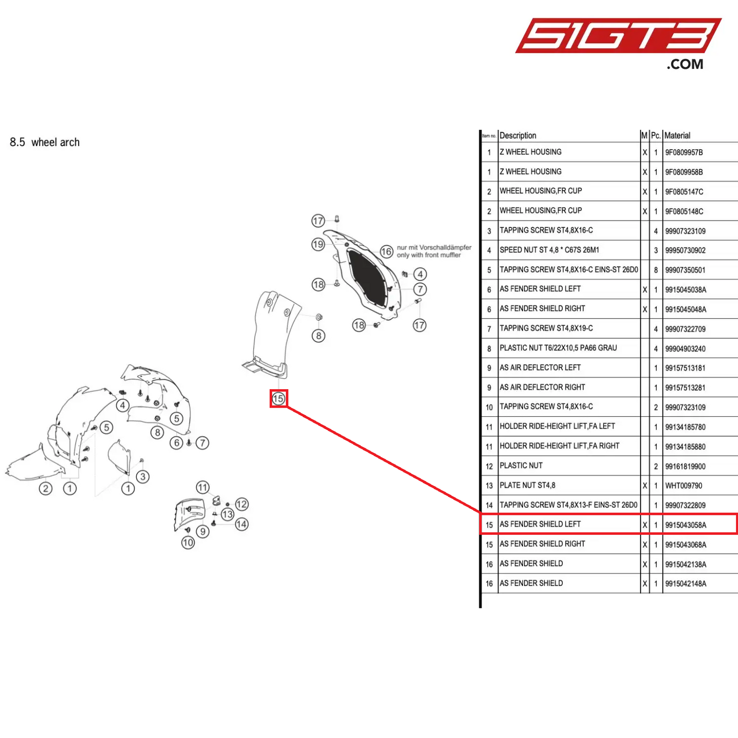 AS FENDER SHIELD LEFT - 9915043058A [PORSCHE 991.1 GT3 Cup]