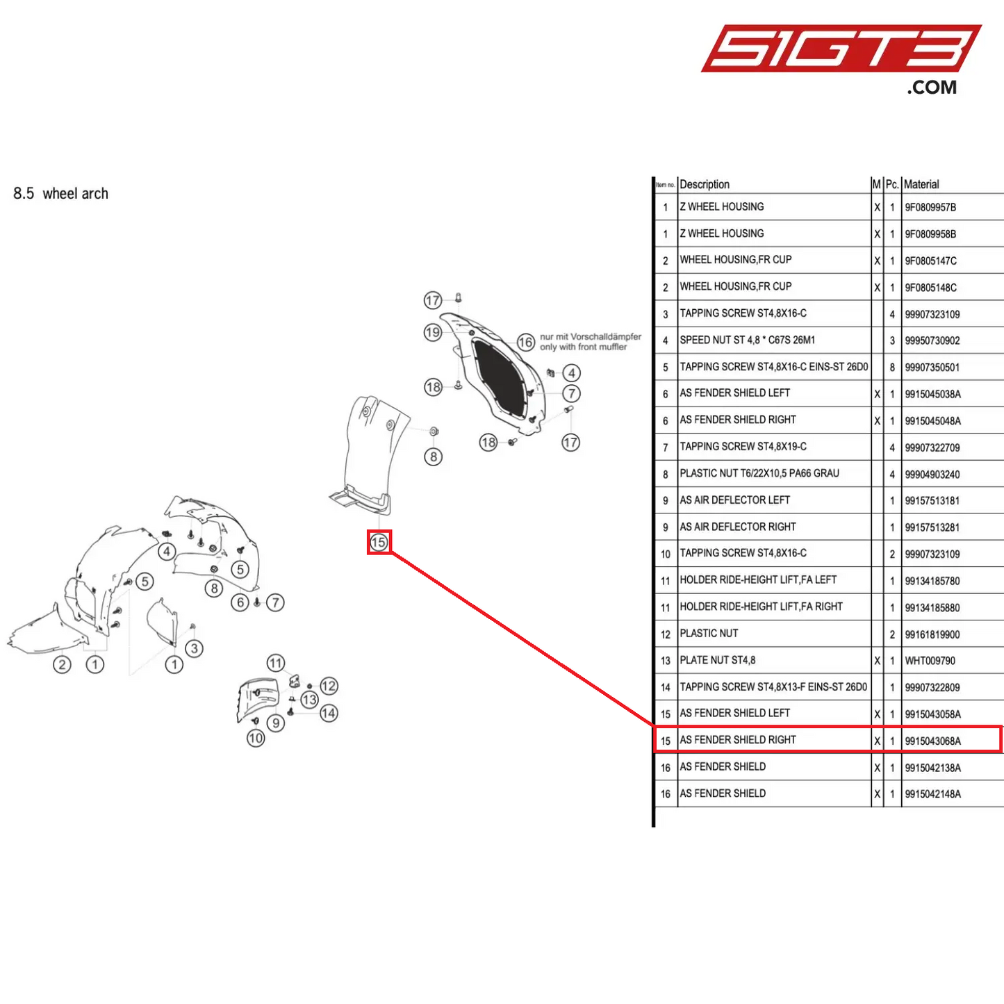 AS FENDER SHIELD RIGHT - 9915043068A [PORSCHE 991.1 GT3 Cup]