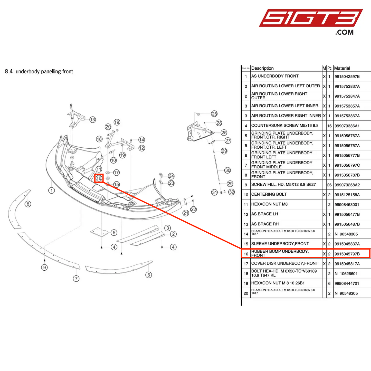 RUBBER BUMP UNDERBODY,FRONT - 9915045797B [PORSCHE 991.1 GT3 R]