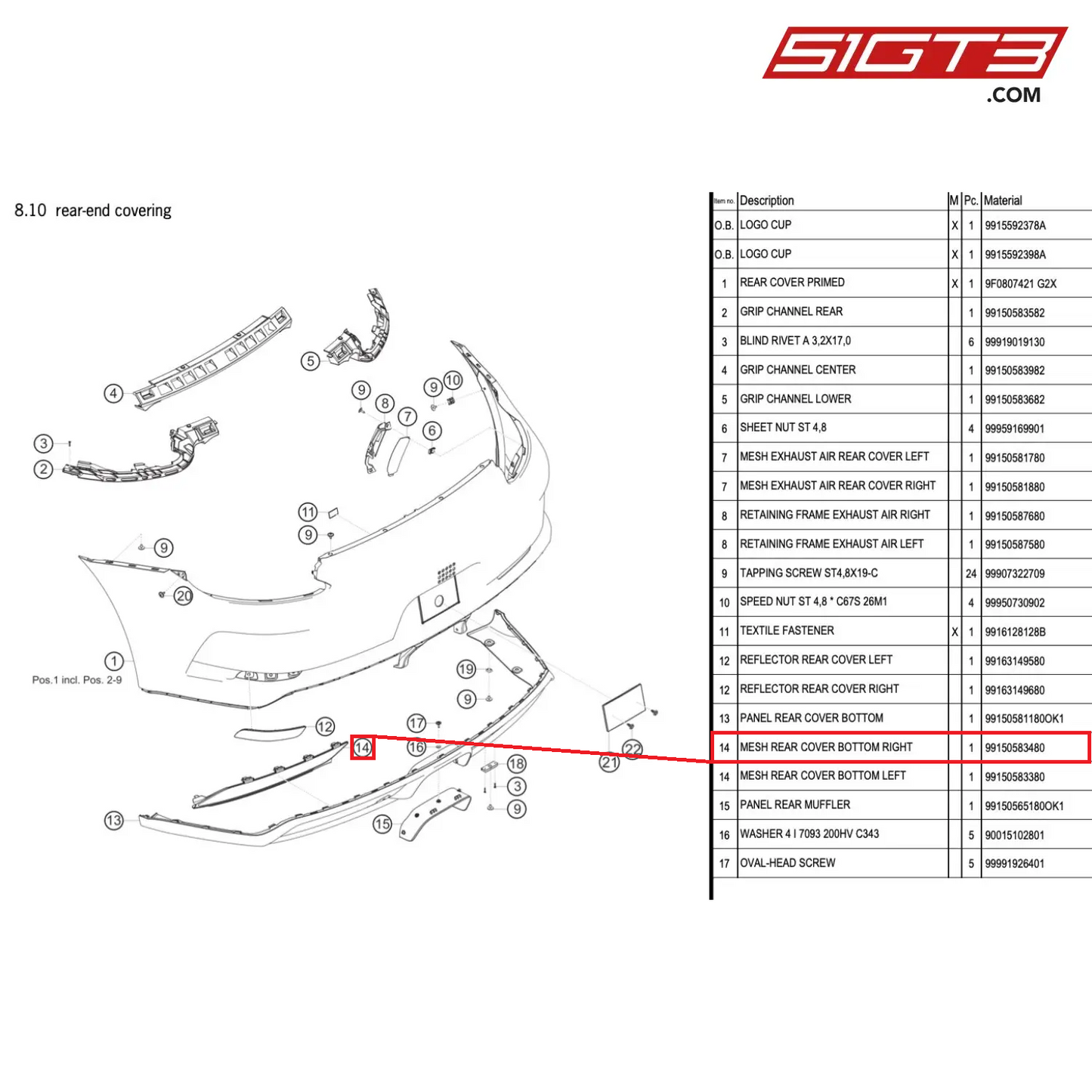 MESH REAR COVER BOTTOM RIGHT - 99150583480 [PORSCHE 991.1 GT3 Cup (2017)]