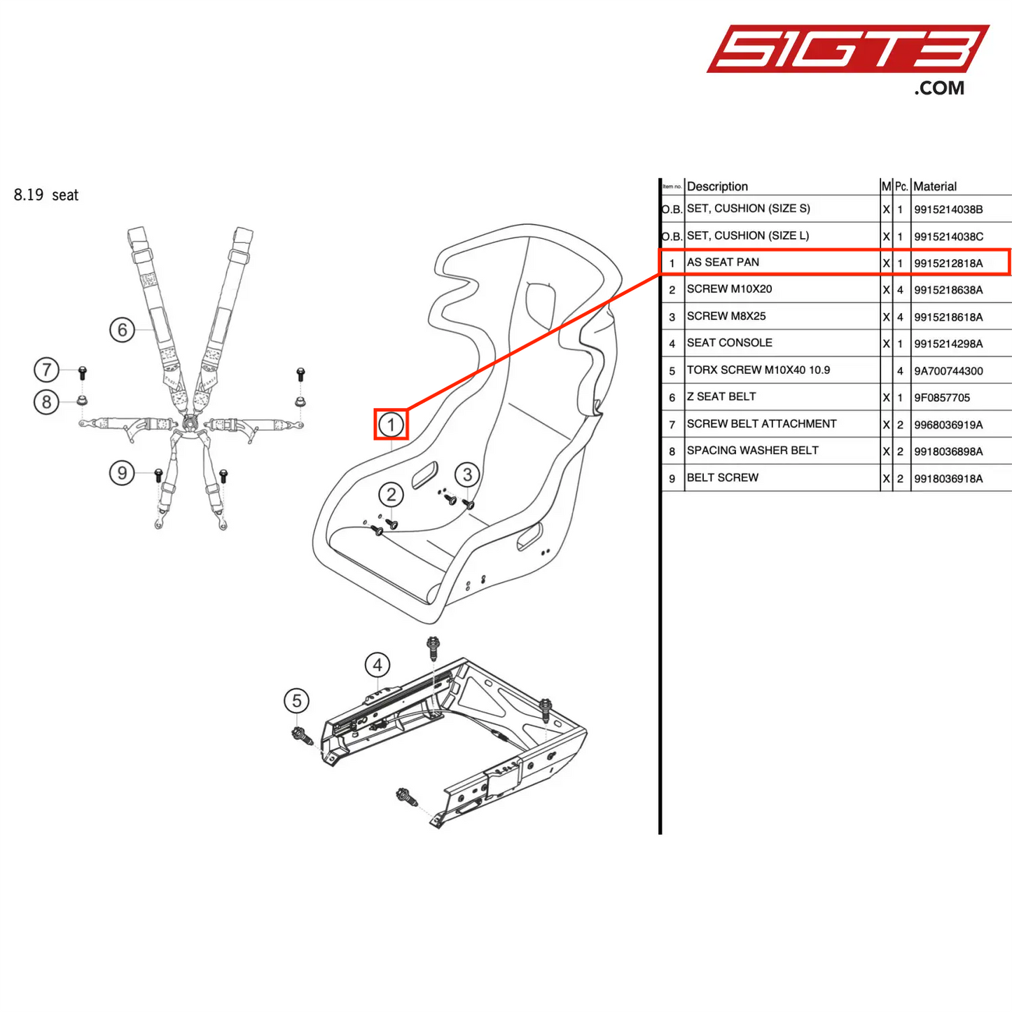 AS SEAT PAN - 9915212818A [PORSCHE 911 GT3 Cup Type 991 (GEN 2)]