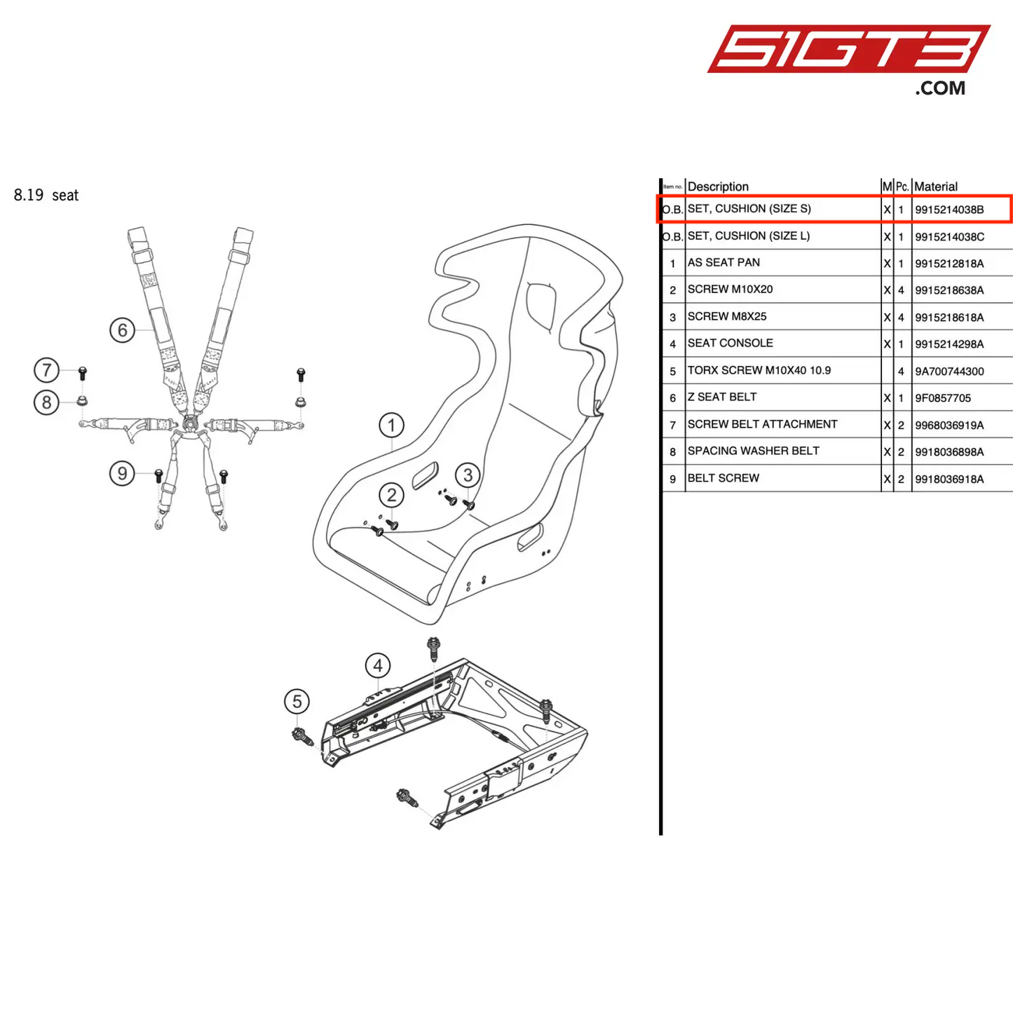 SET, CUSHION (SIZE S) - 9915214038B [PORSCHE 911 GT3 Cup Type 991 (GEN 2)]