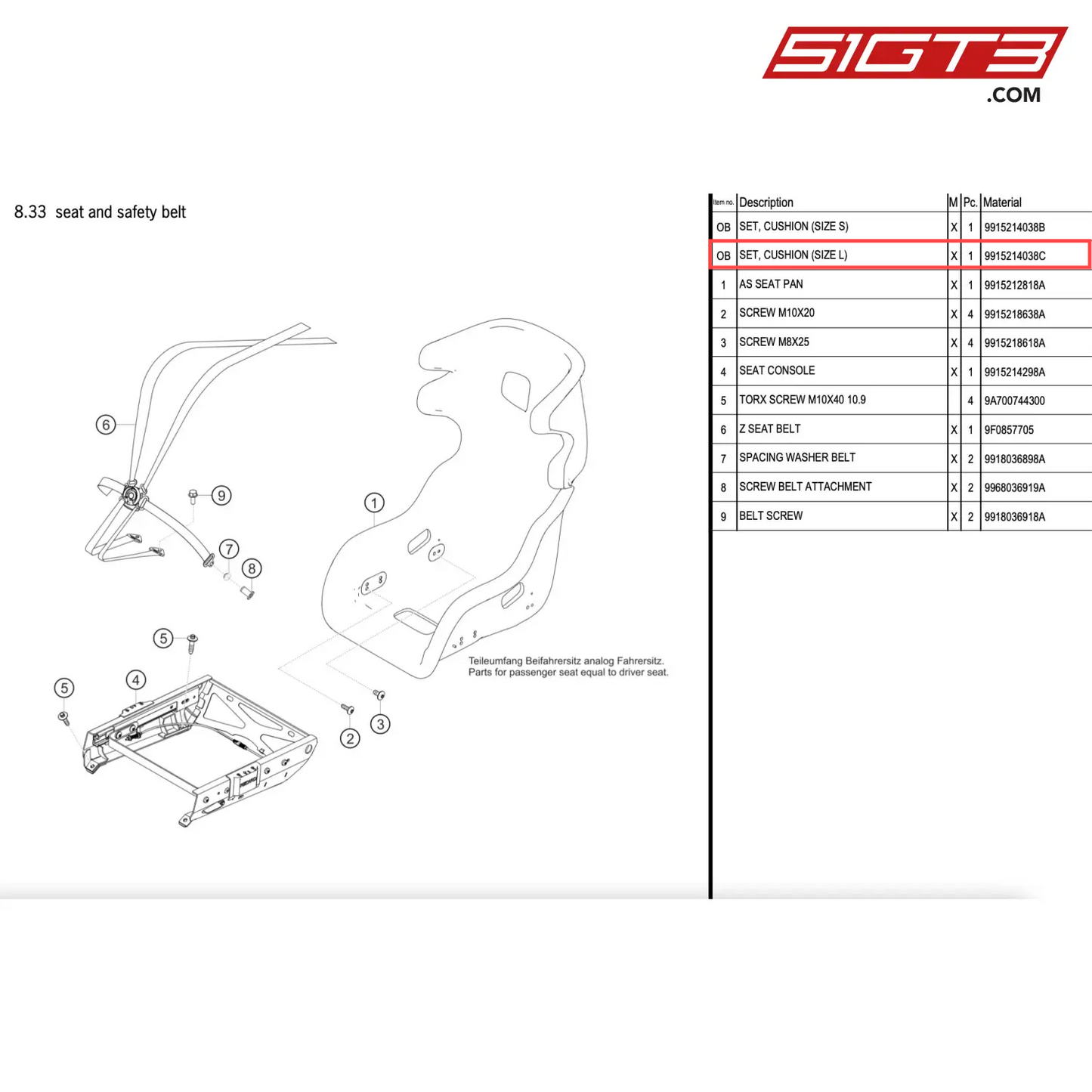 SET, CUSHION (SIZE L) - 9915214038C [PORSCHE 911 GT2 RS Clubsport]