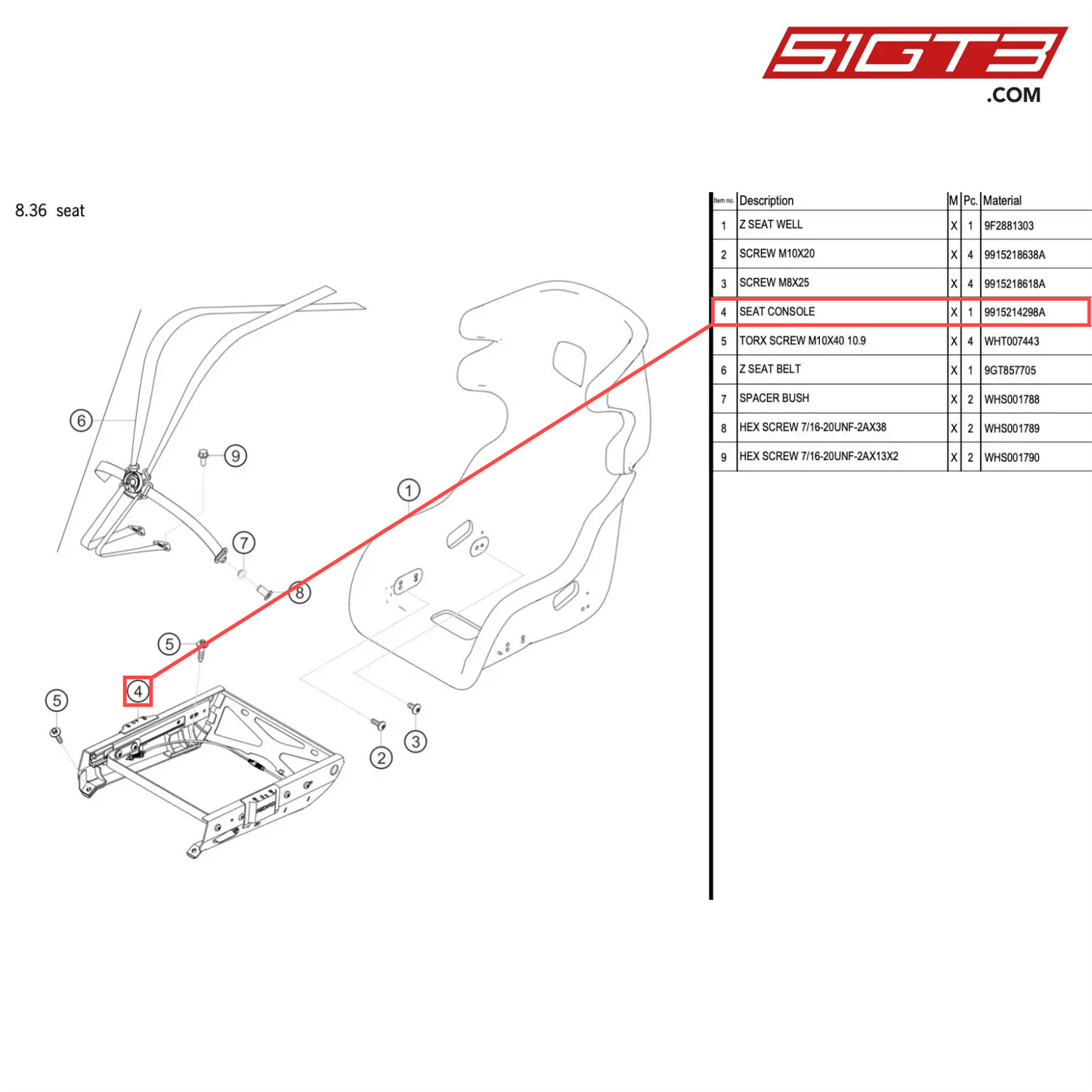 SEAT CONSOLE - 9915214298A [PORSCHE 718 Cayman GT4 RS Clubsport]