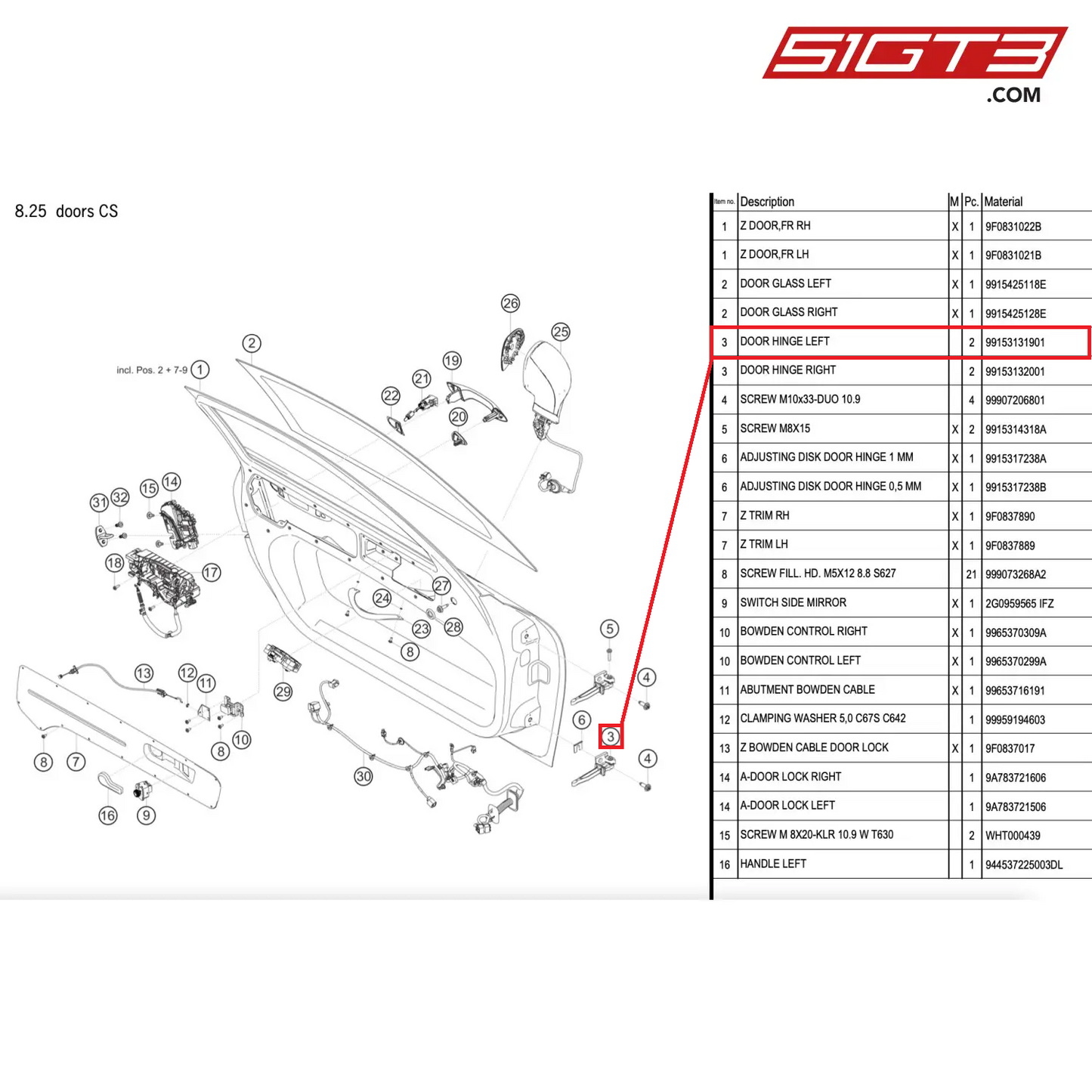 DOOR HINGE LEFT - 99153131901 [PORSCHE 911 GT2 RS Clubsport]