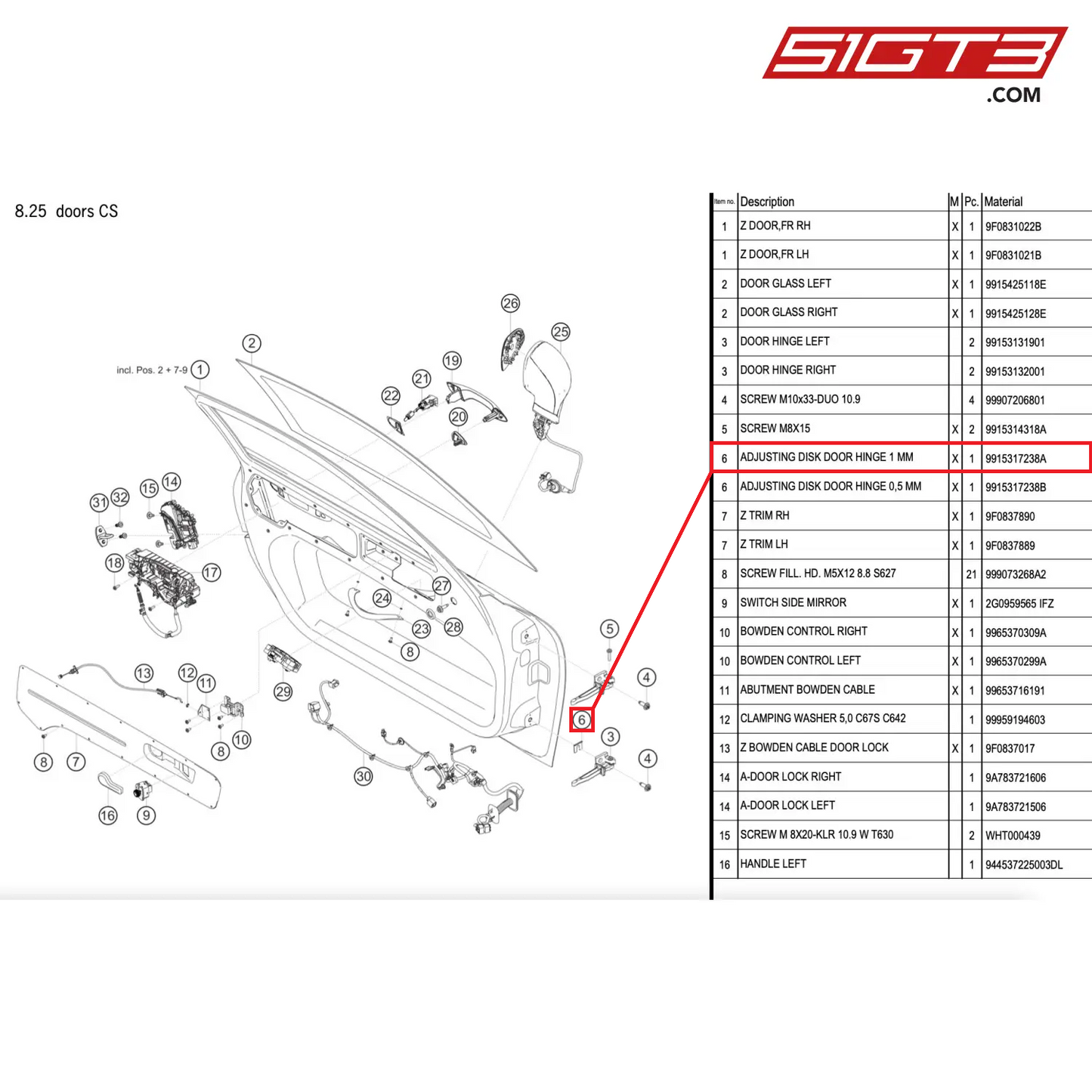 ADJUSTING DISK DOOR HINGE 1 MM - 9915317238A [PORSCHE 911 GT2 RS Clubsport]