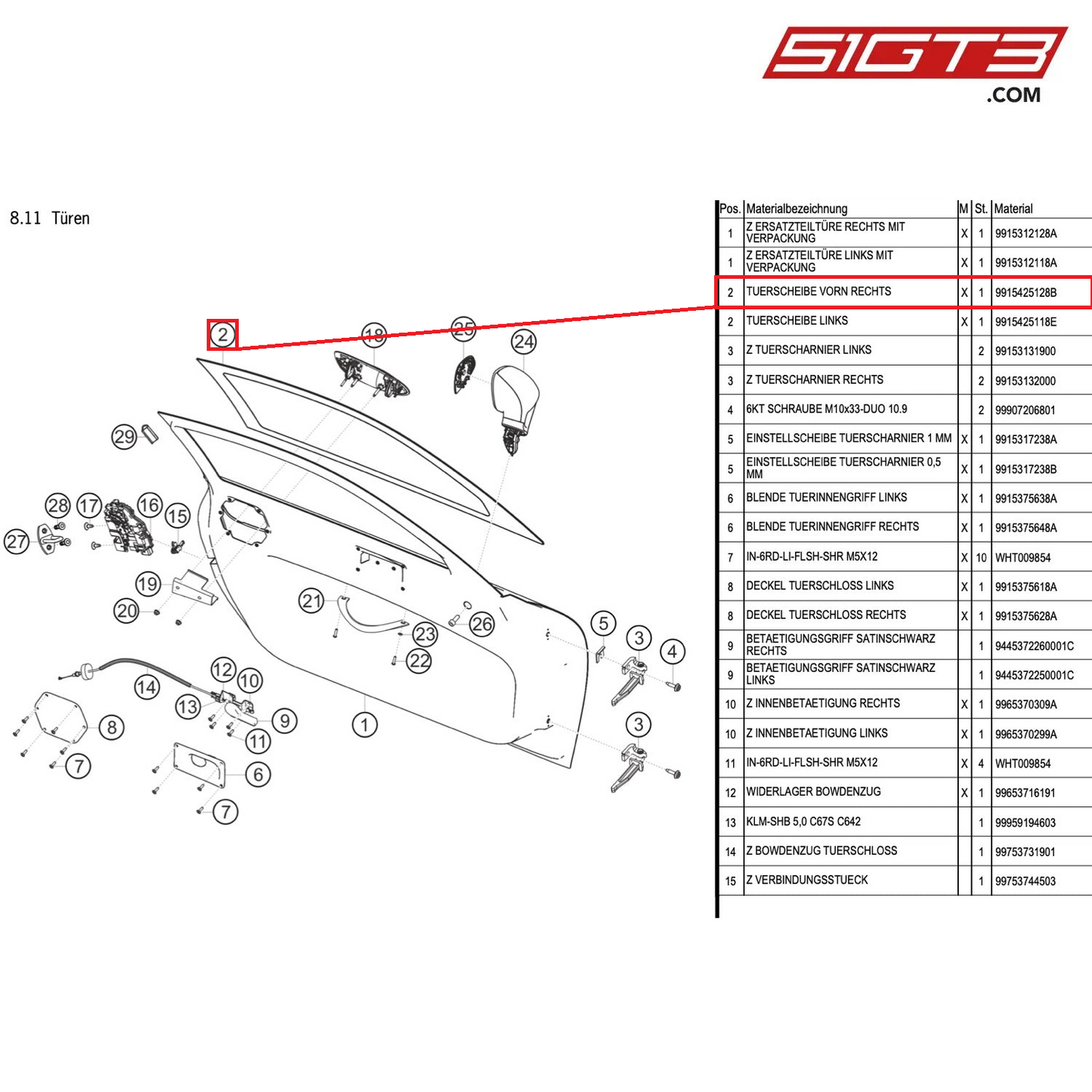 DOOR GLASS FRONT RIGHT - 9915425128B [PORSCHE 991.1 GT3 Cup (2014)]