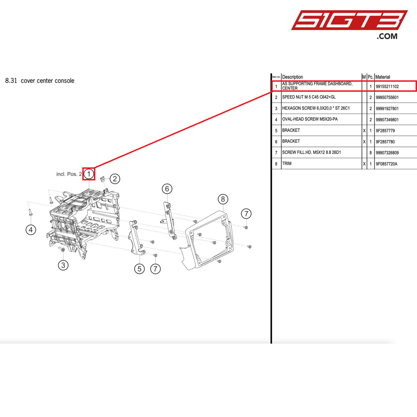 AS SUPPORTING FRAME DASHBOARD,CENTER - 99155211102 [PORSCHE 911 GT2 RS Clubsport]