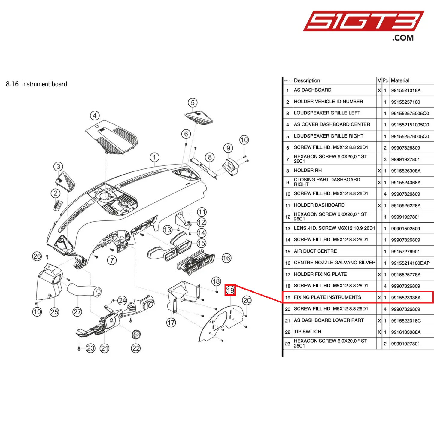 FIXING PLATE INSTRUMENTS - 9915523338A [PORSCHE 911 GT3 Cup Type 991 (GEN 2)]