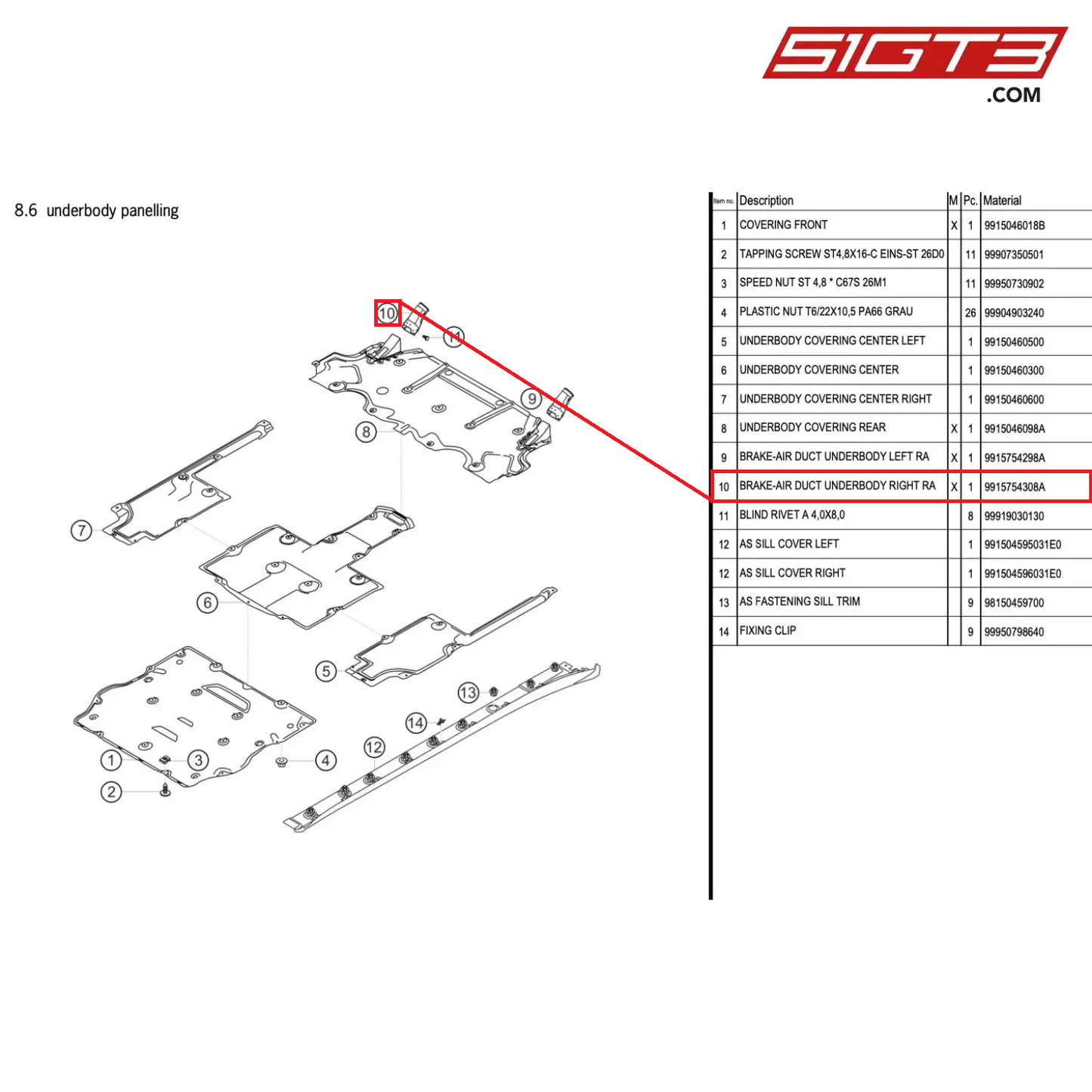 BRAKE-AIR DUCT UNDERBODY RIGHT RA - 9915754308A [PORSCHE 991.1 GT3 Cup]