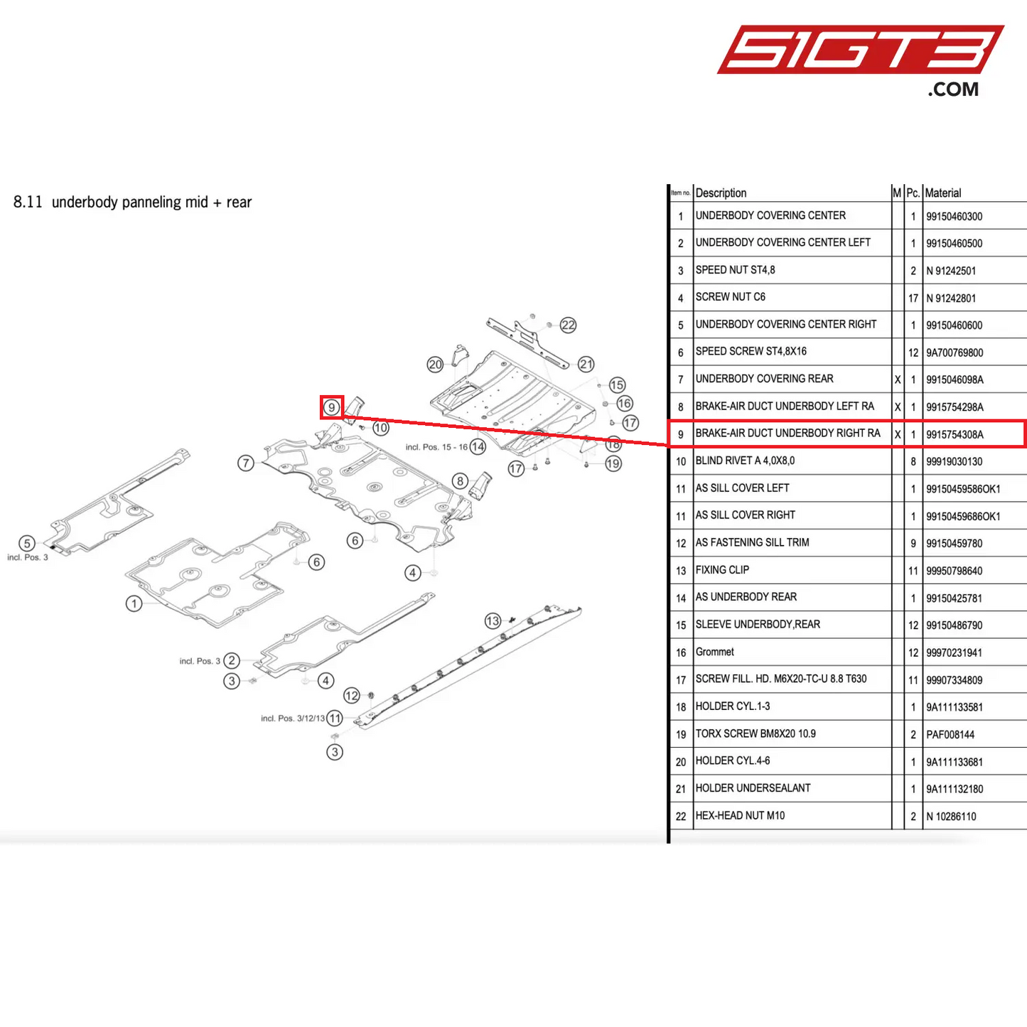 BRAKE-AIR DUCT UNDERBODY RIGHT RA - 9915754308A [PORSCHE 911 GT2 RS Clubsport]