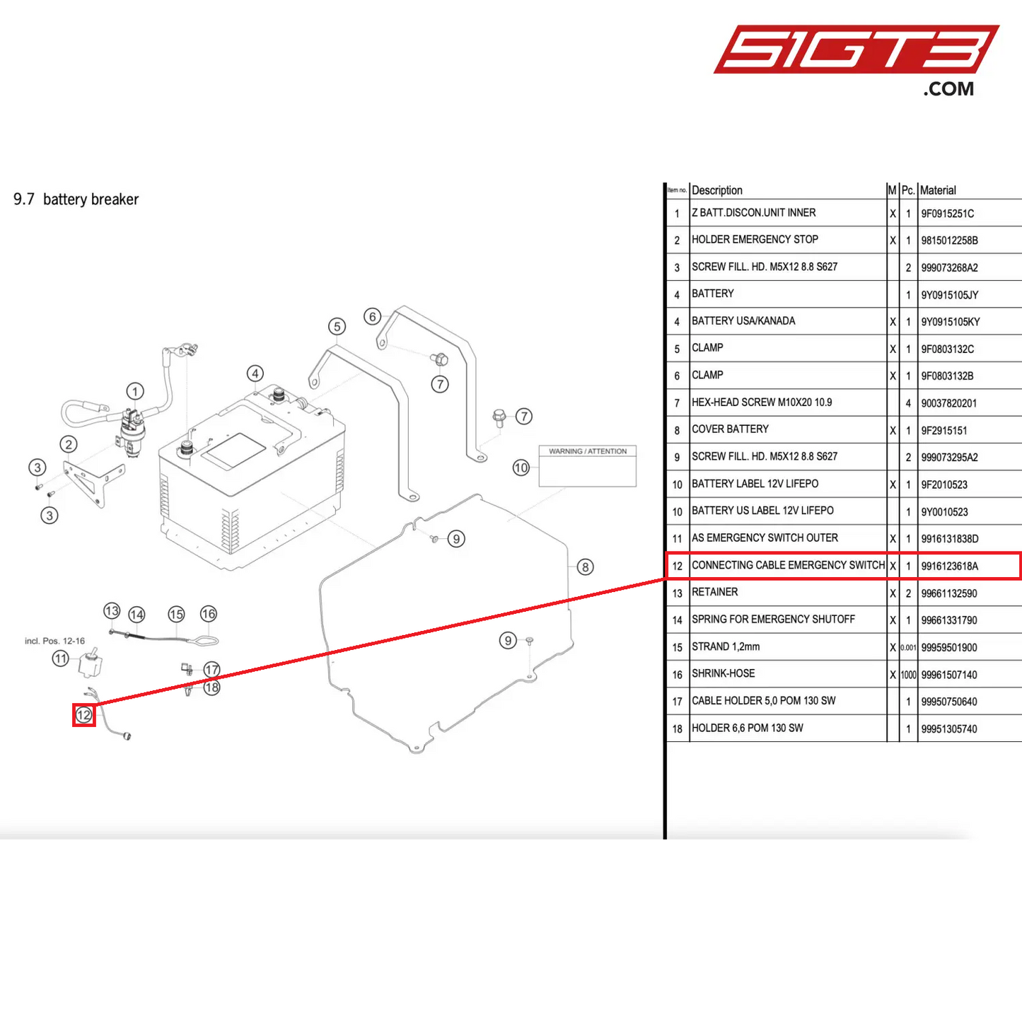 CONNECTING CABLE EMERGENCY SWITCH - 9916123618A [PORSCHE 911 GT2 RS Clubsport]