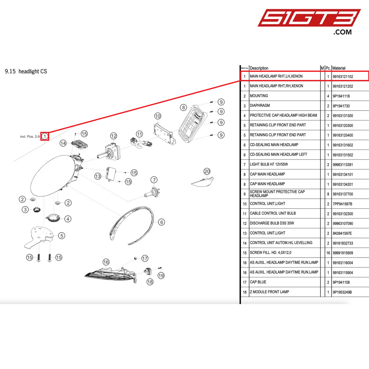 MAIN HEADLAMP RHT,LH,XENON - 99163121102 [PORSCHE 911 GT2 RS Clubsport]