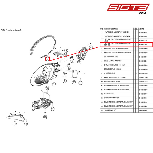 CD-SEALING MAIN HEADLAMP RIGHT - 99163131601 [PORSCHE 991.1 GT3 Cup (2014)]