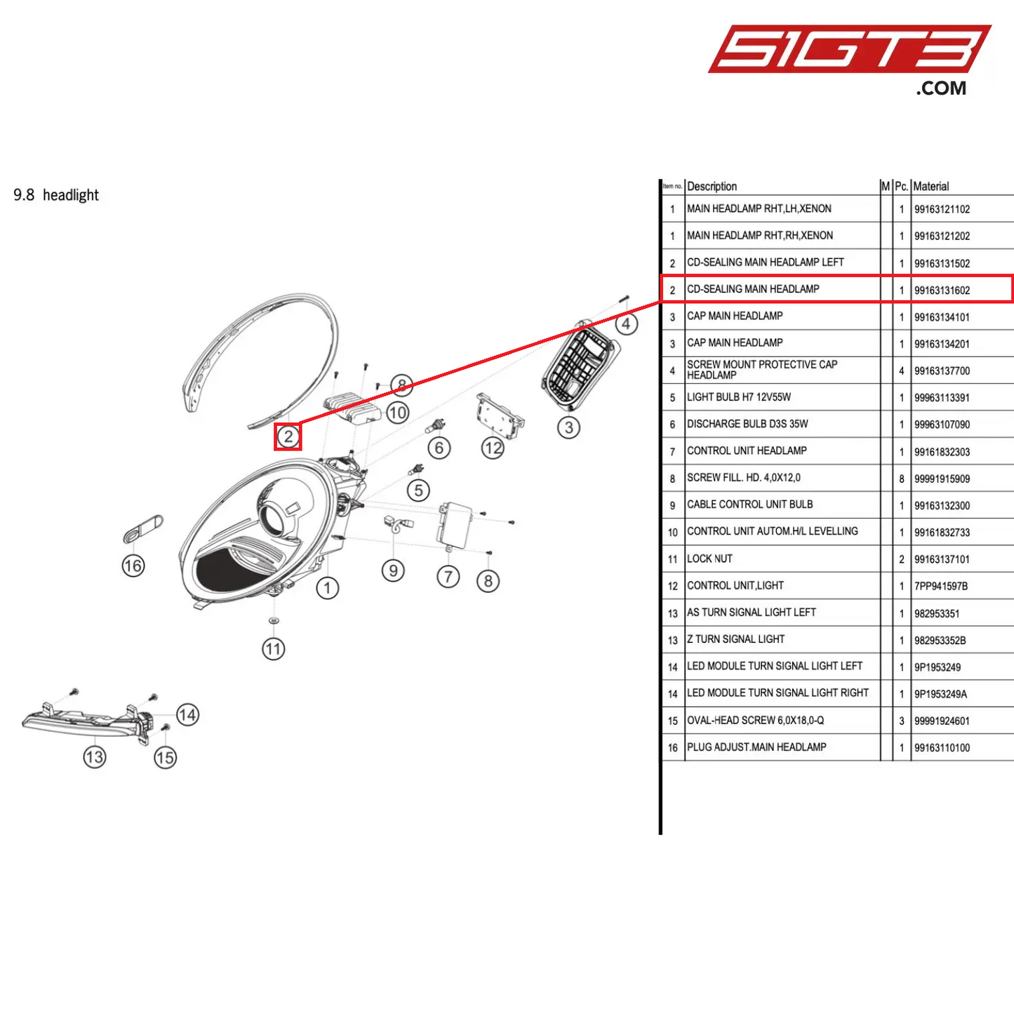 CD-SEALING MAIN HEADLAMP - 99163131602 [PORSCHE 991.1 GT3 Cup]