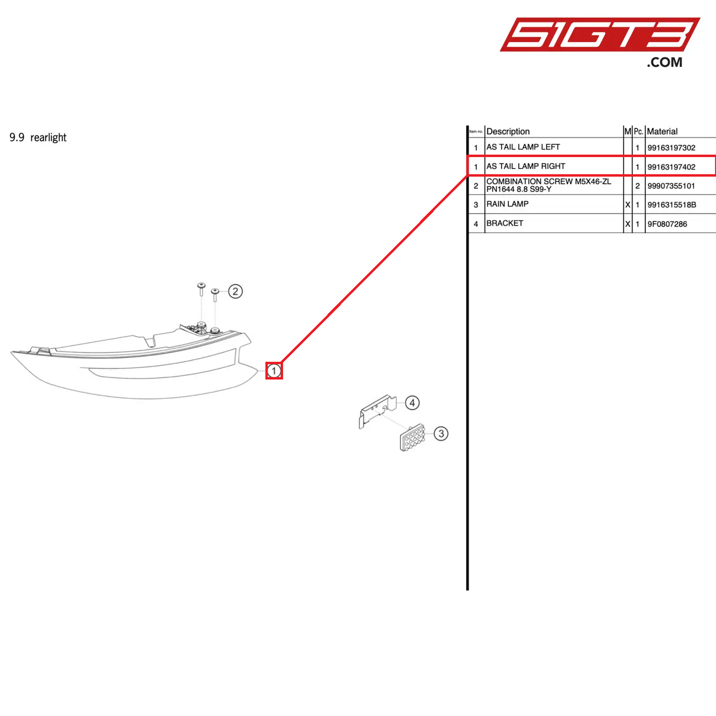 AS TAIL LAMP RIGHT - 99163197402 [PORSCHE 911 GT3 Cup Type 991 (GEN 2)]