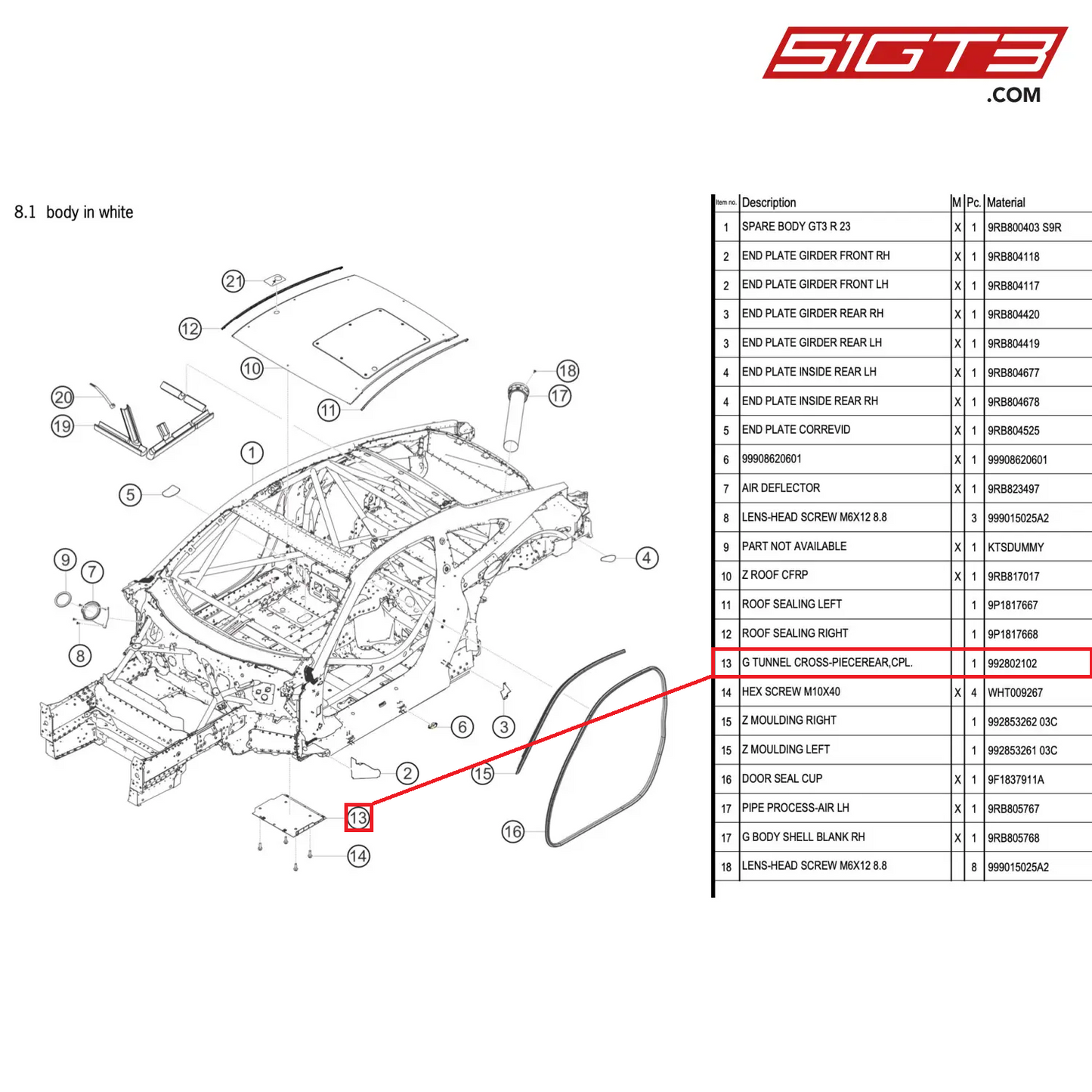 G TUNNEL CROSS-PIECEREAR,CPL. - 992802102 [PORSCHE 992.1 GT3 R]