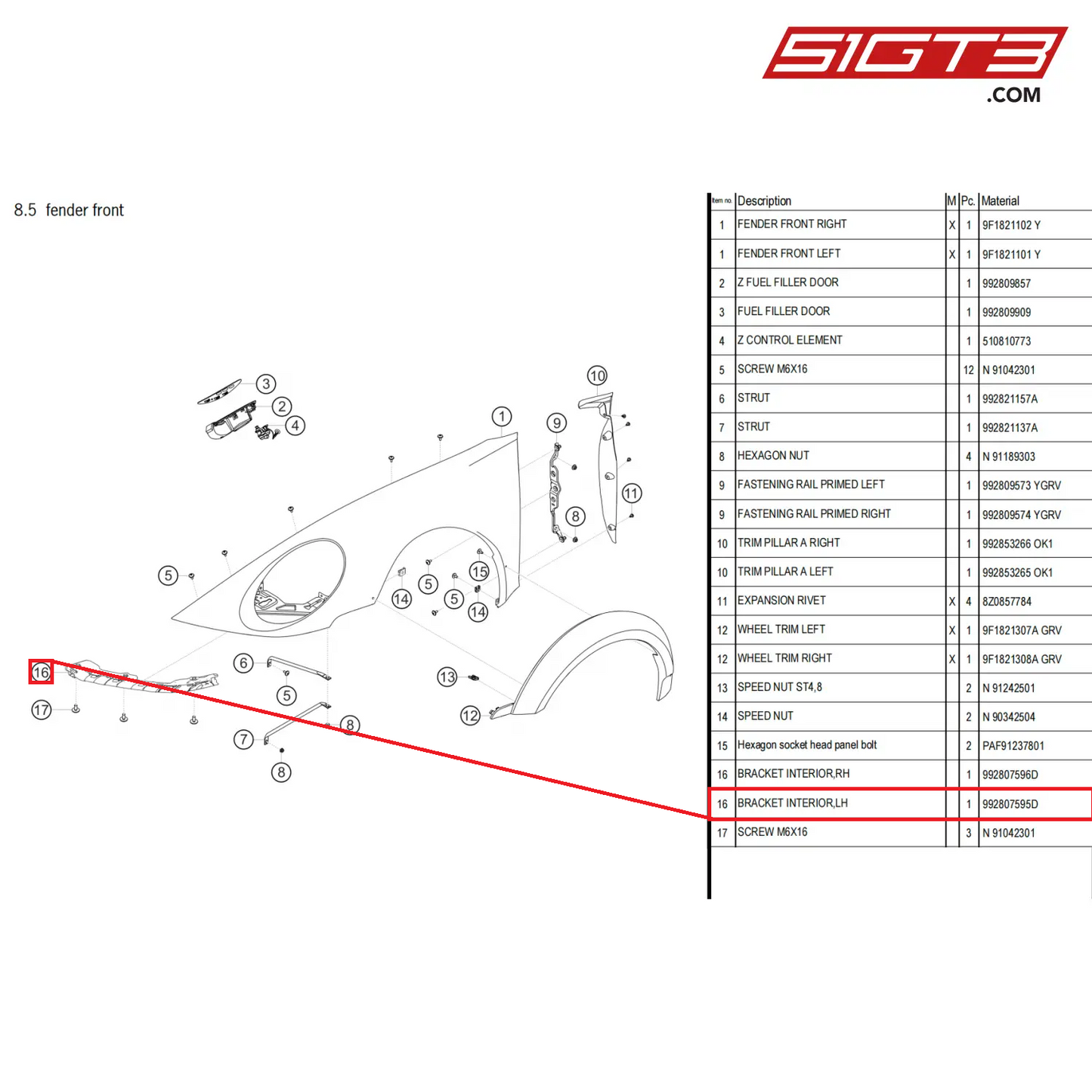 BRACKET INTERIOR,LH - 992807595D [PORSCHE 911 GT3 Cup Type 992]