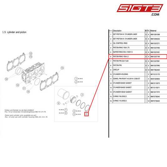 PISTON RING 100x1,2 - 99610337194 [PORSCHE 996 GT3 Cup]