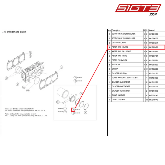 PISTON RING 100x1,75 - 99610337490 [PORSCHE 996 GT3 Cup]