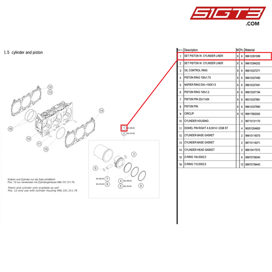 SET PISTON W. CYLINDER LINER - 99610391599 [PORSCHE 996 GT3 Cup]