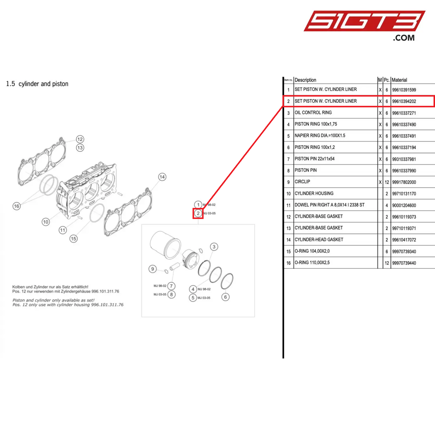 SET PISTON W. CYLINDER LINER - 99610394202 [PORSCHE 996 GT3 Cup]