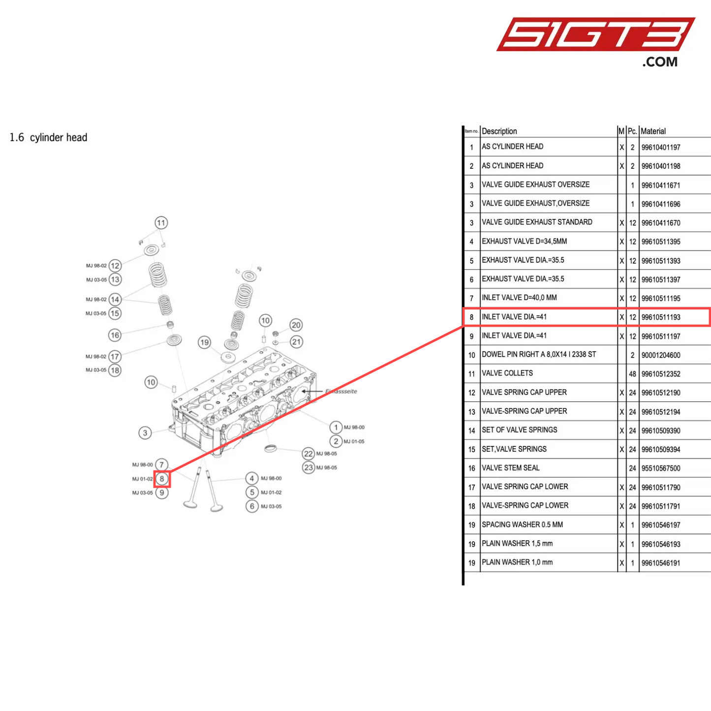 INLET VALVE DIA.=41 - 99610511193 [PORSCHE 996 GT3 Cup]